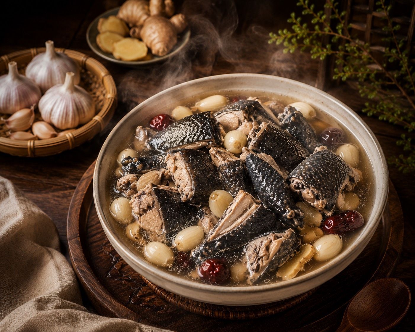 蒜頭烏骨雞湯（半雞）