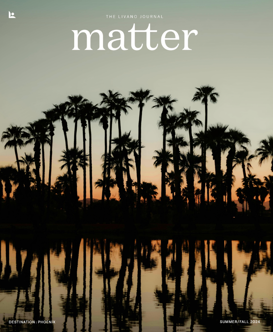 Silhouette of palm trees reflecting in water at sunset.