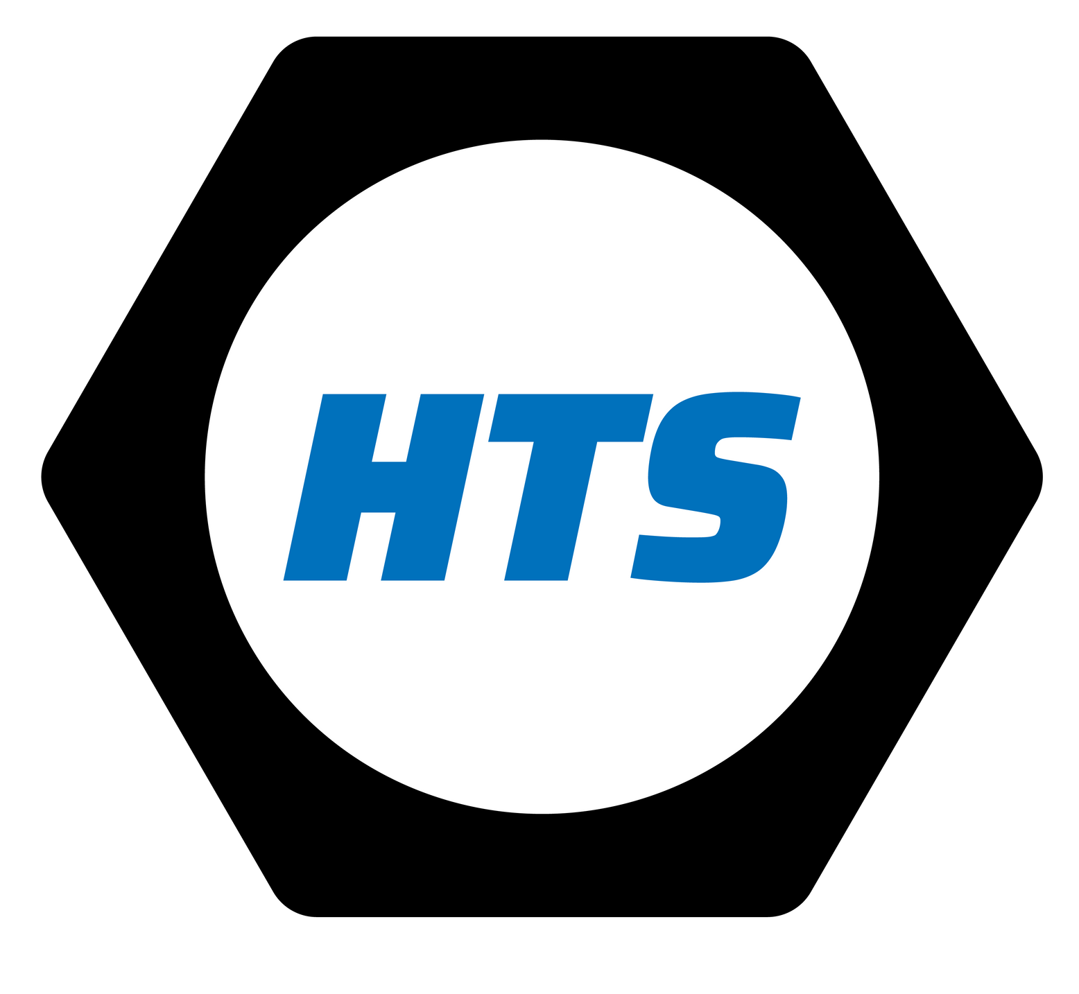 The hts logo is a blue and white circle in a black hexagon.