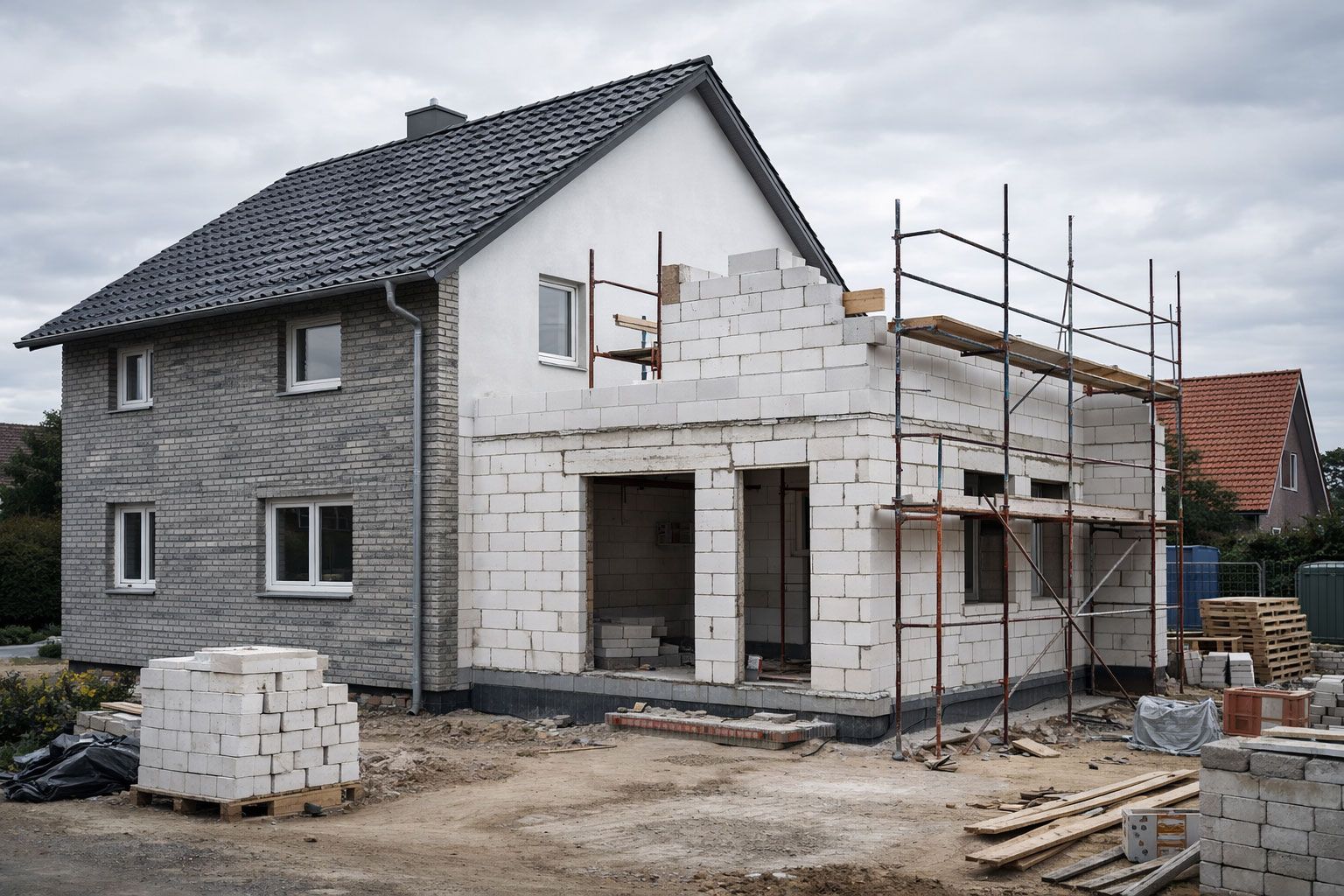 Ein im Bau befindliches Haus mit Gerüst und gestapelten weißen Blöcken neben einem fertigen grauen Haus