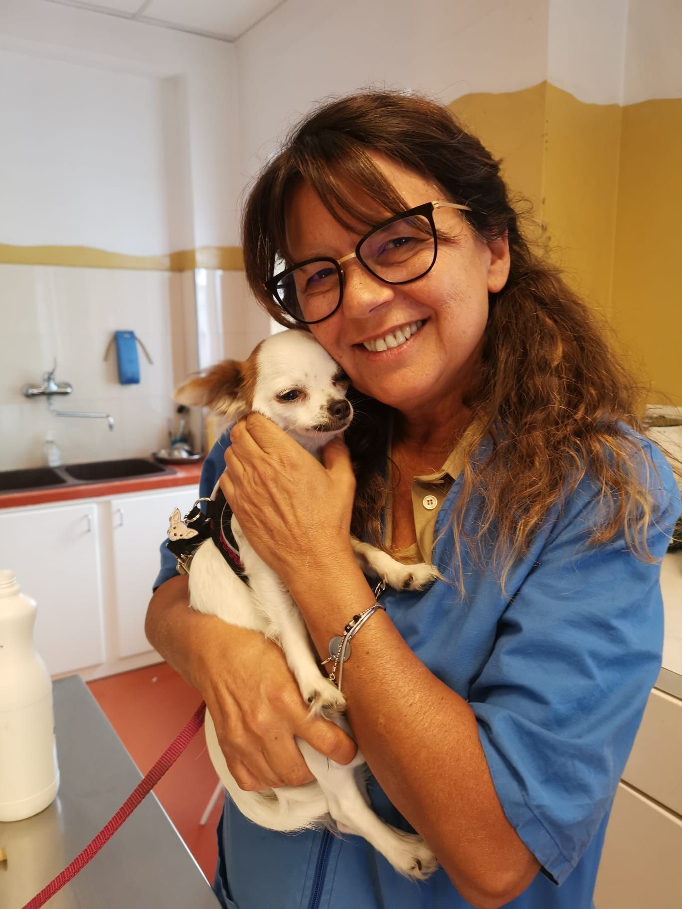 Una donna in camice blu sorride e tiene in braccio un cagnolino bianco e marrone in una stanza di una clinica.