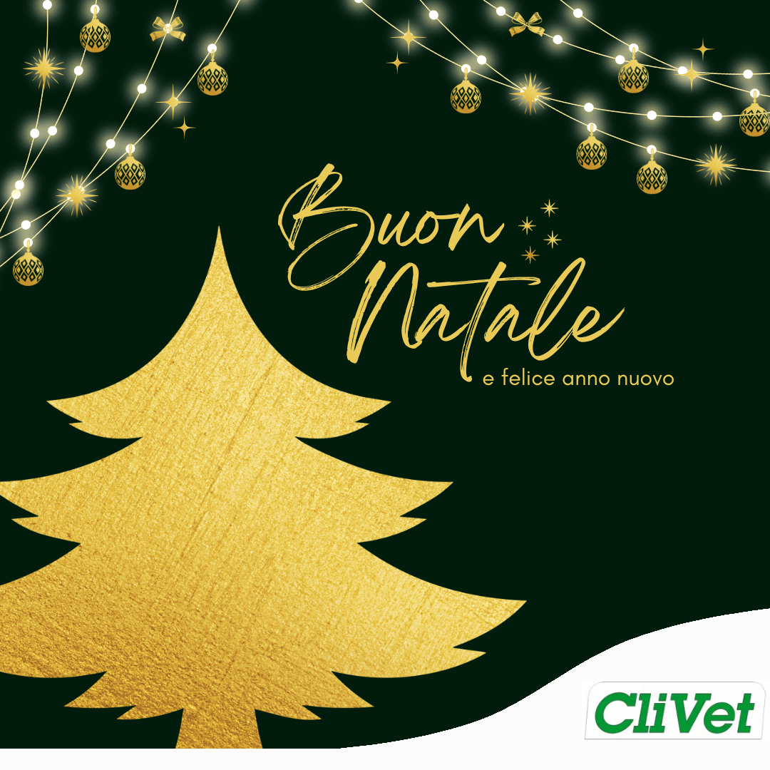 Biglietto di auguri natalizio verde festivo con albero dorato, luci e augurio 