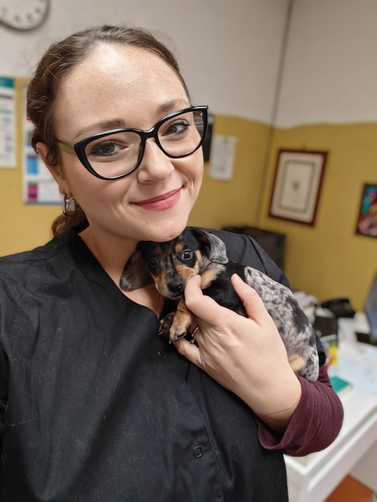 Una donna in camice nero tiene in braccio un cagnolino e sorride in una clinica veterinaria.