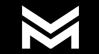 A white letter m with two arrows pointing in opposite directions on a black background.