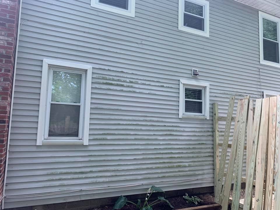 Gray house siding with two windows, a small wall light, and a wooden fence beside a garden bed