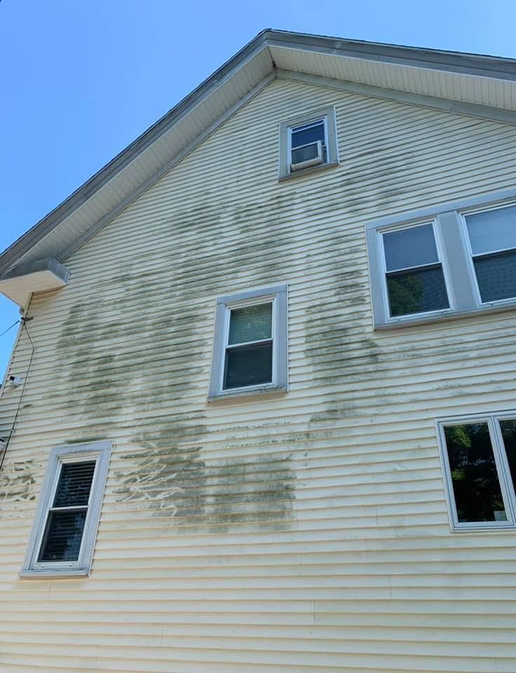 Exterior of a house with white siding, several windows, and greenish weather stains on the wall