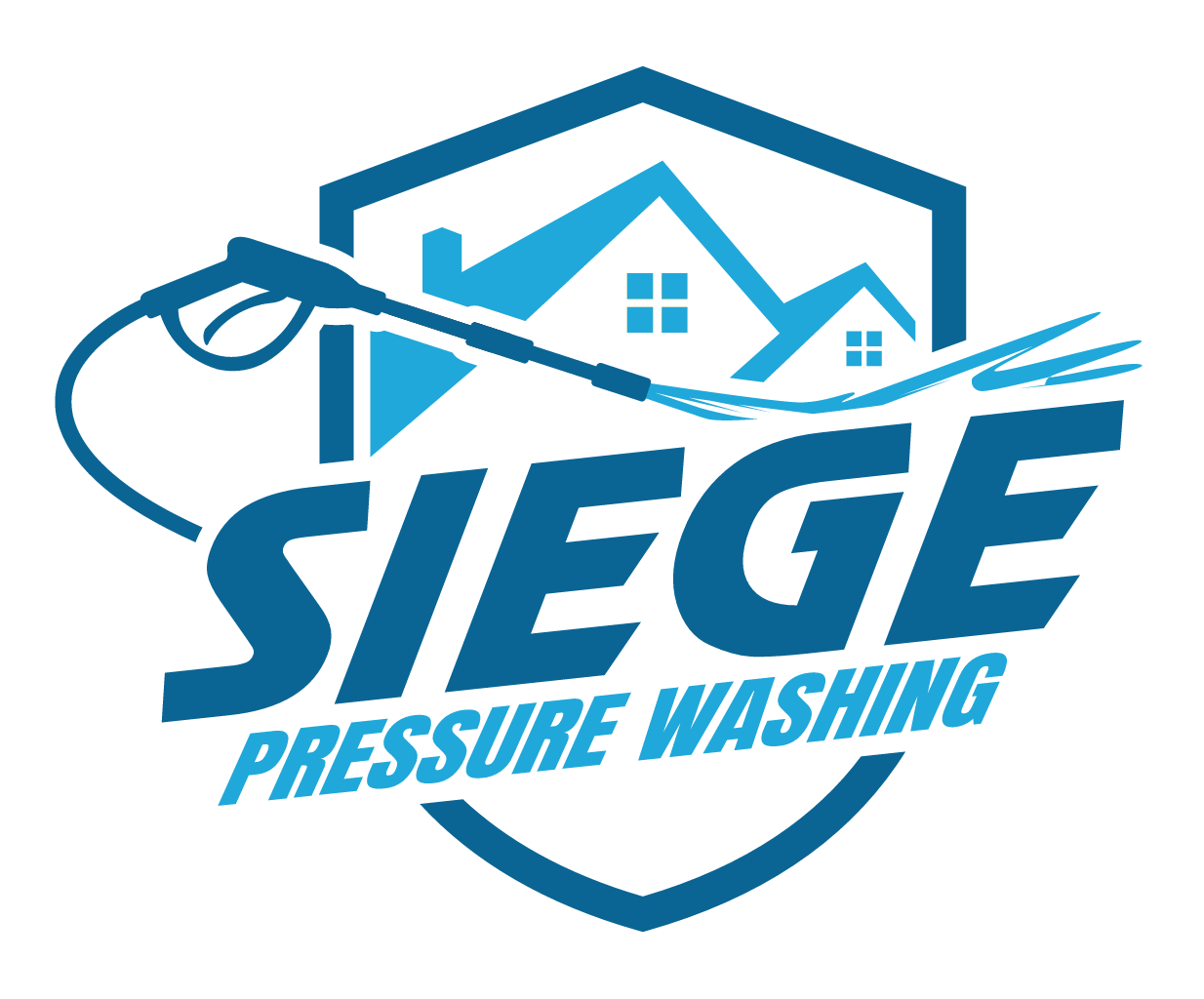 SIEGE Pressure Washing logo in blue with house and spray wand icon