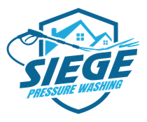 SIEGE Pressure Washing logo in blue with house and spray wand icon