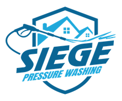SIEGE Pressure Washing logo in blue with house and spray wand icon