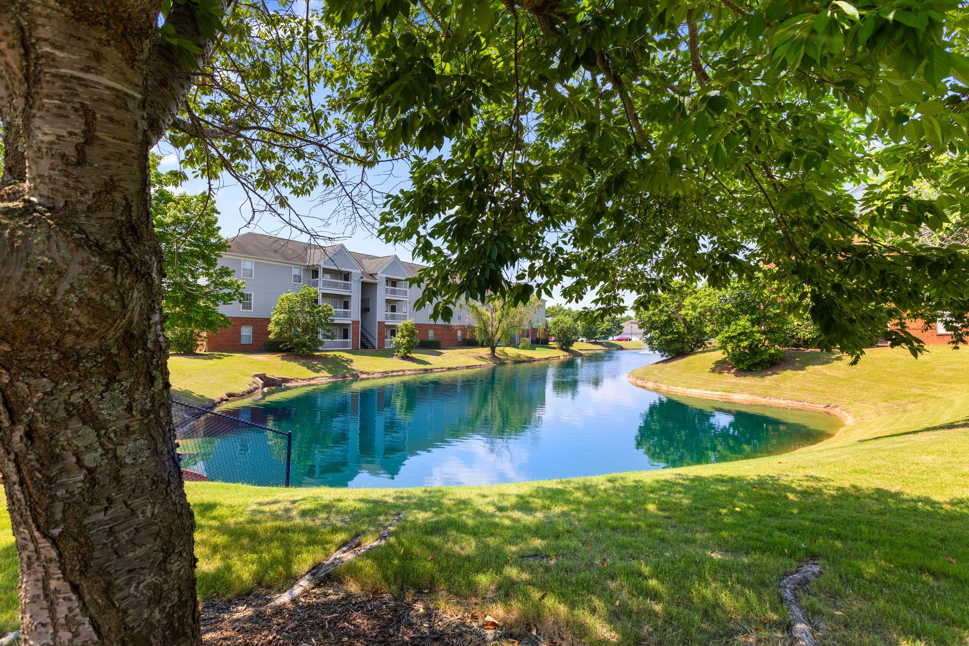 A large body of water surrounded by trees and grass with a building in the background.
