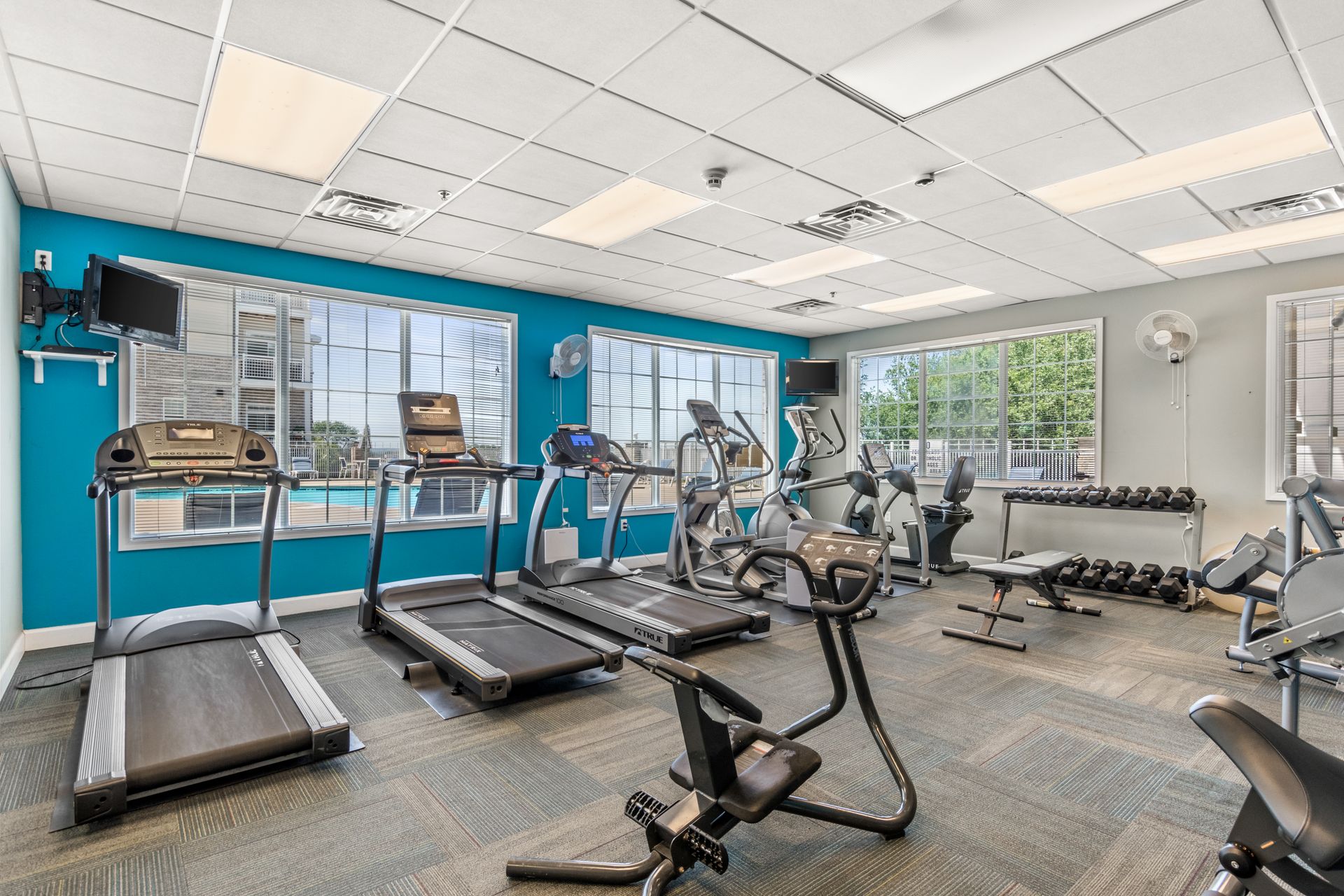 A large gym with treadmills , exercise bikes , and dumbbells.