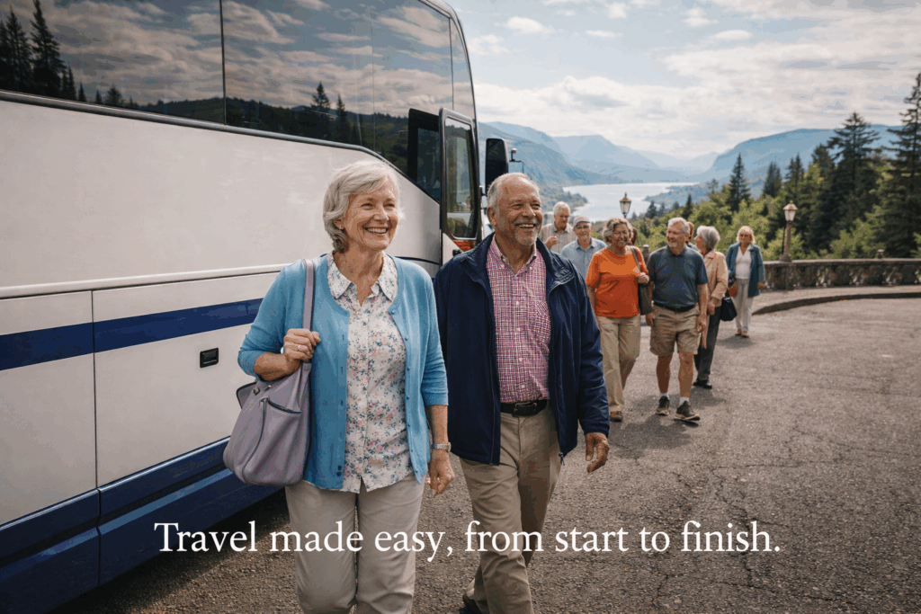 Tour group walking beside a coach bus on a mountain road with the caption, “Travel made easy, from start to finish.”