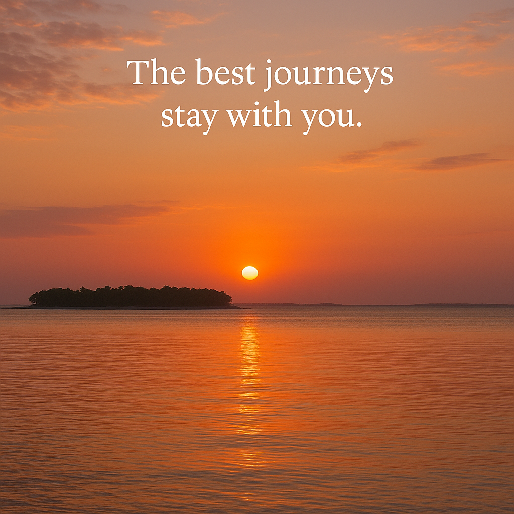 Sunset over calm orange water with the text, “The best journeys stay with you.”