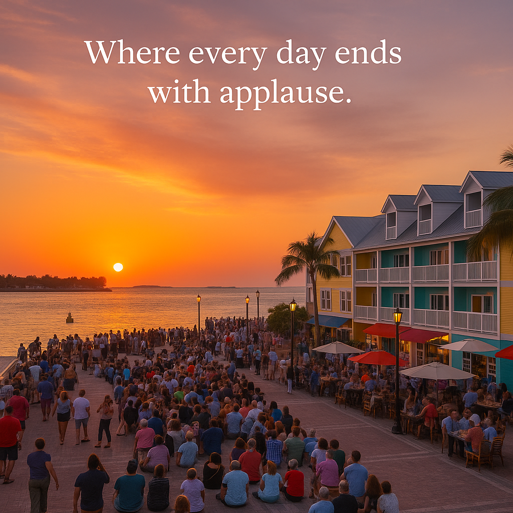 Sunset crowd gathered by the waterfront beside pastel buildings, with “Where every day ends with applause.”