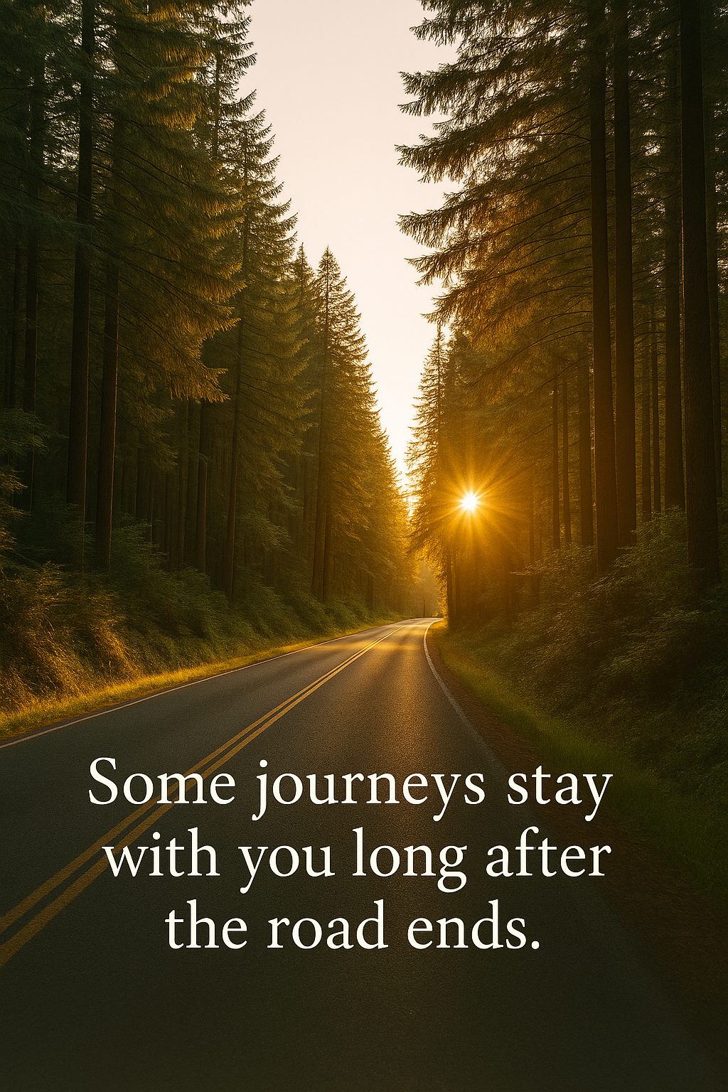 Sunlit forest road at dusk with quote: “Some journeys stay with you long after the road ends.”