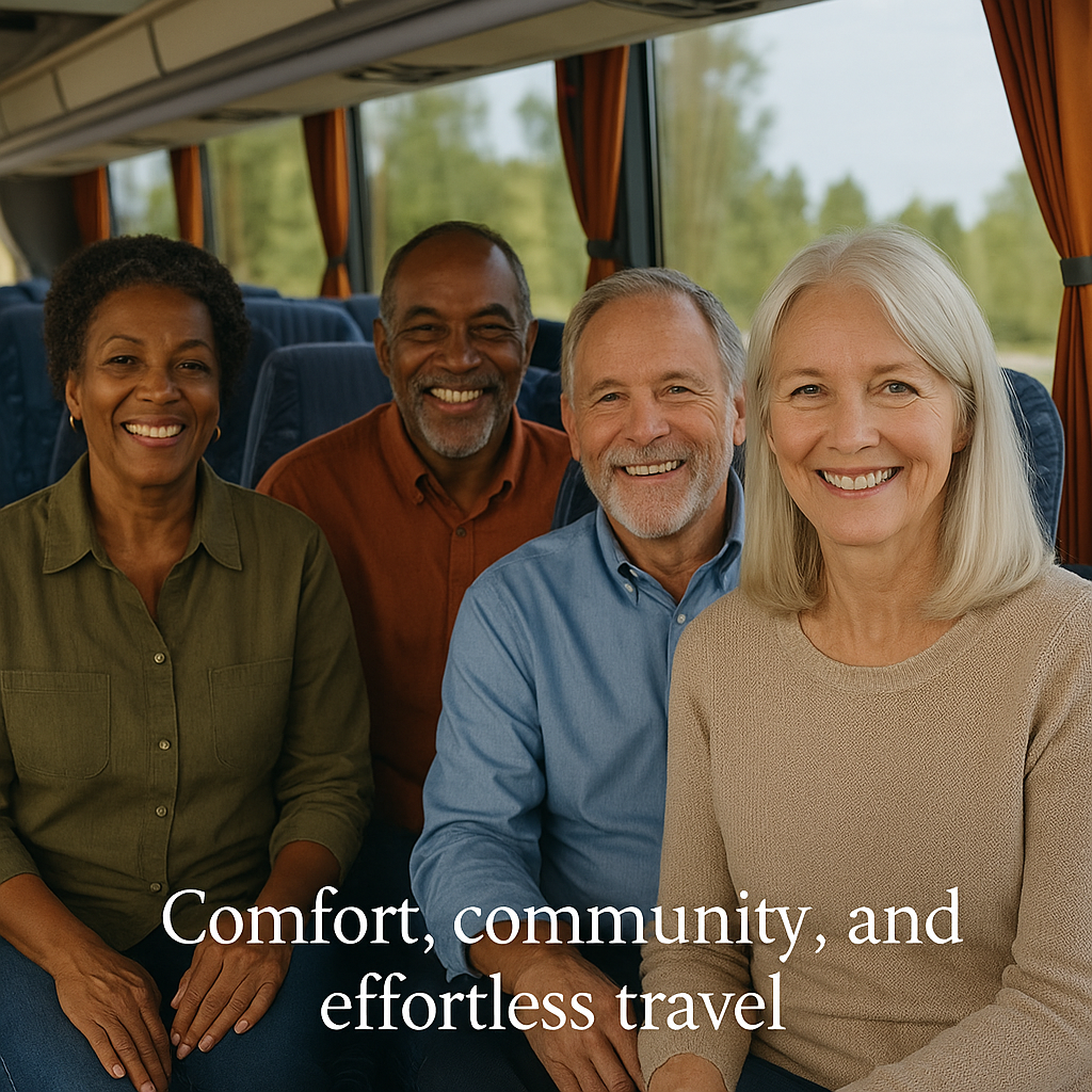 Four smiling travelers seated on a bus, with the text “Comfort, community, and effortless travel”