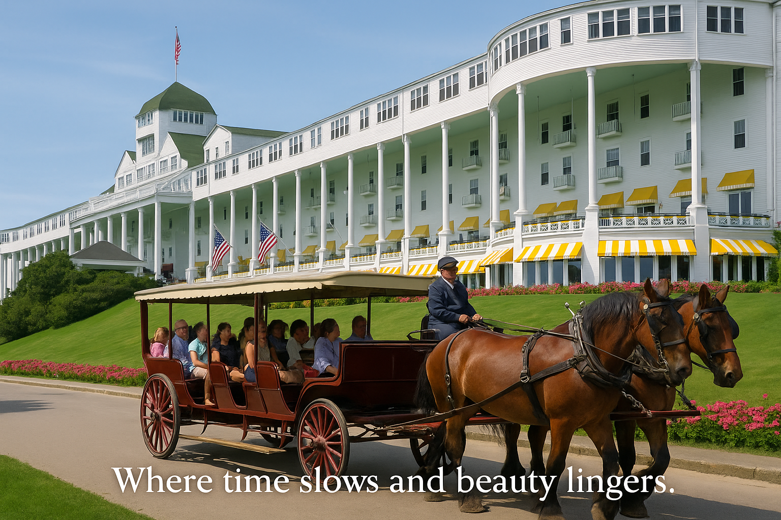 Horse-drawn carriage in front of a white colonial hotel with green roof and porch, with text at bottom.