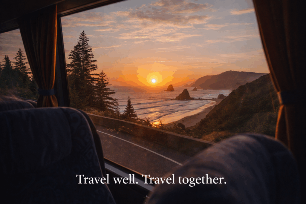 Sunset view from a van window over mountains, beach, and ocean; text reads “Travel well. Travel together.”