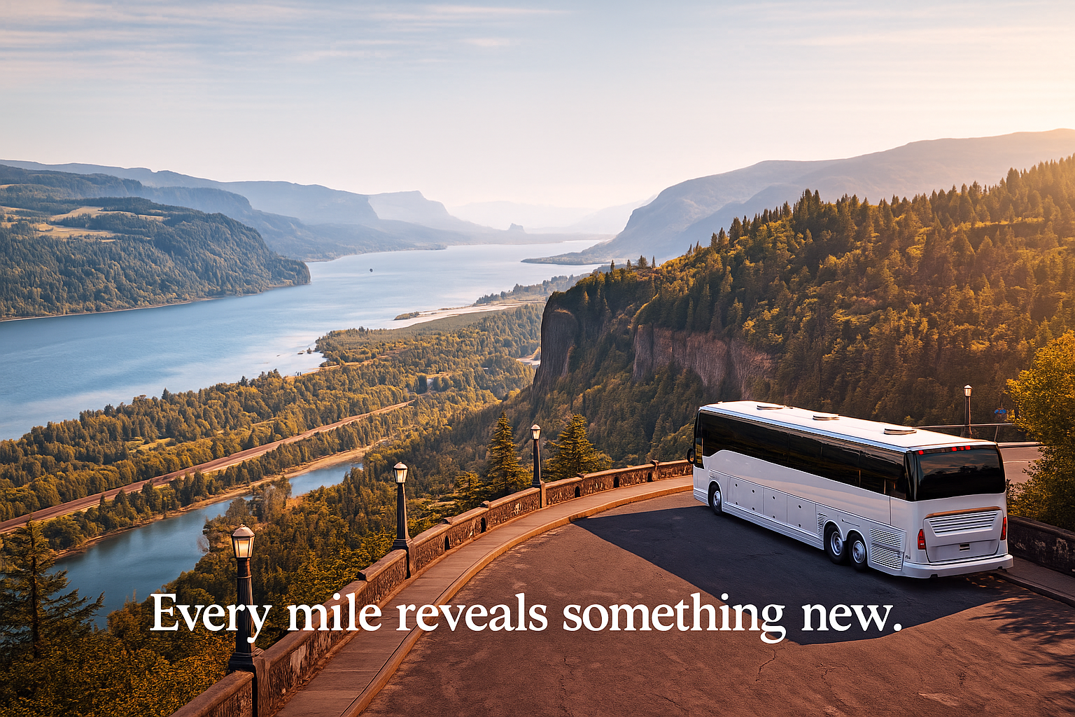 Bus on a cliffside road above a river valley at sunset, with the caption “Every mile reveals something new.”
