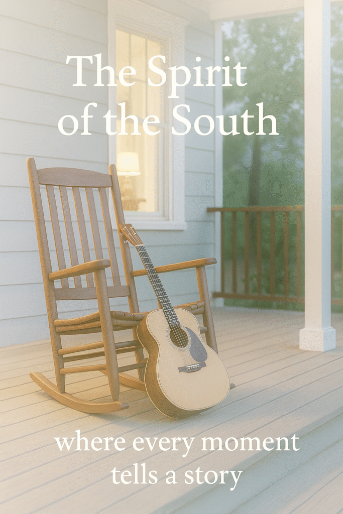 Rocking chair with guitar on porch, overlaid text: “The Spirit of the South where every moment tells a story”