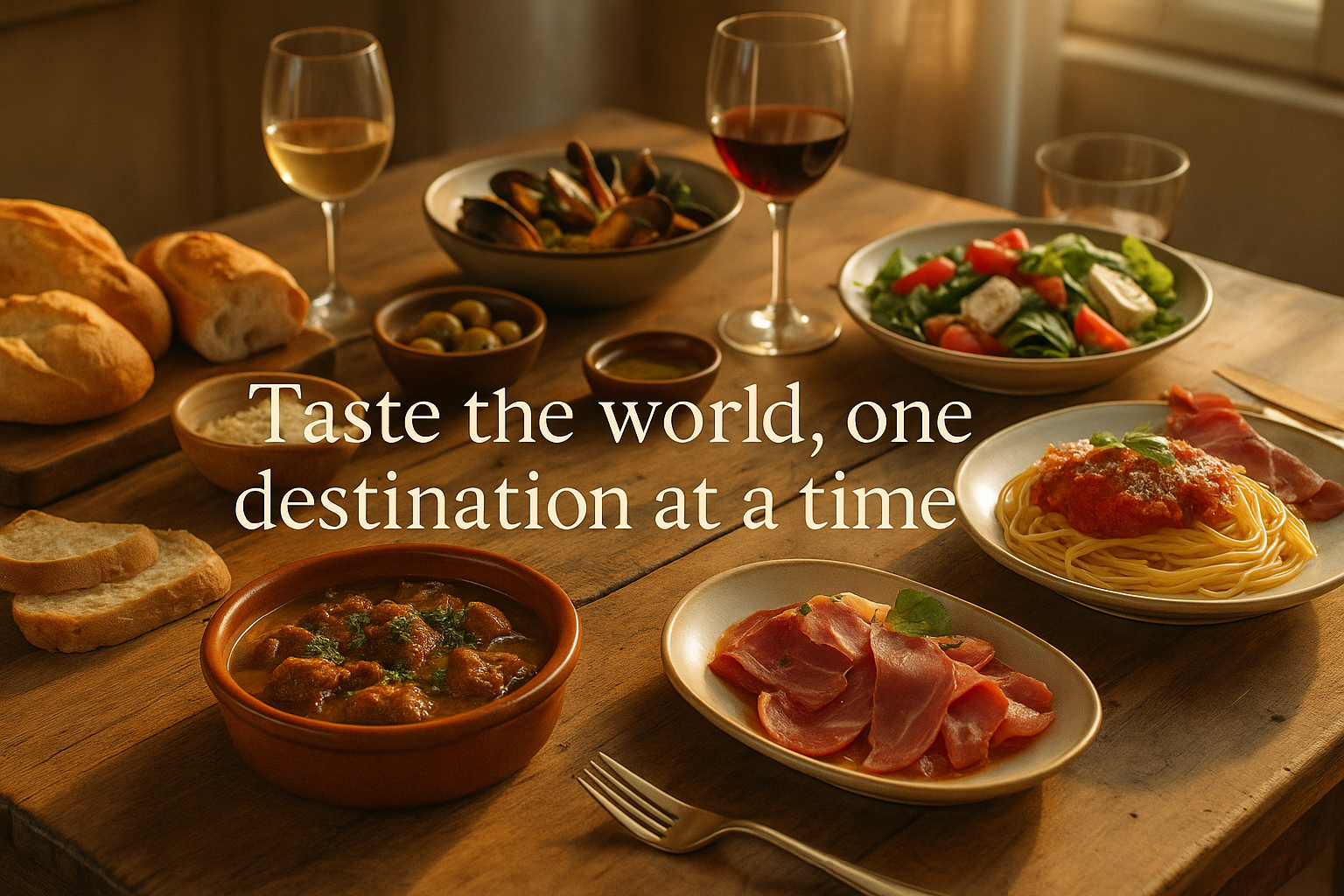 Table of assorted international dishes with wine glasses and text: “Taste the world, one destination at a time”