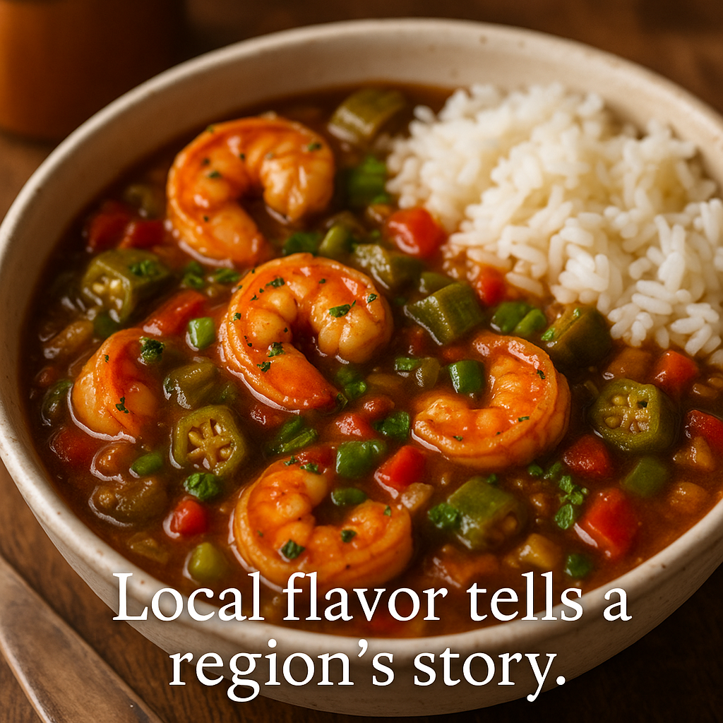 Bowl of shrimp and vegetables with white rice, overlaid with the text “Local flavor tells a region's story.”