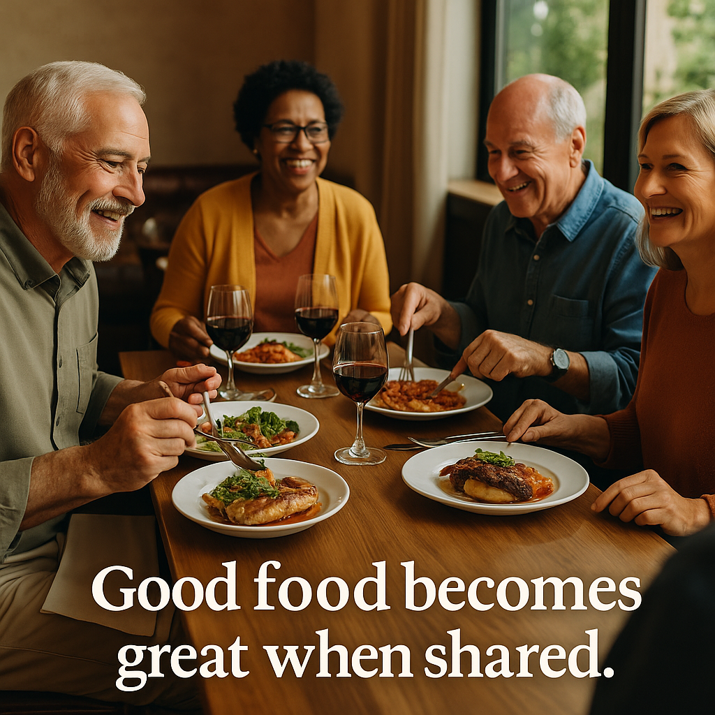 Friends sharing dinner around a table with plates of food and wine, smiling in a warm dining room.