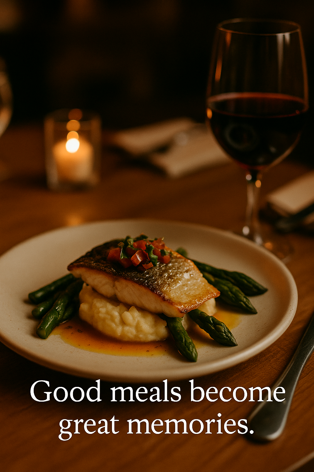 Seared fish on asparagus with a candlelit wine dinner, overlaid with “Good meals become great memories.”