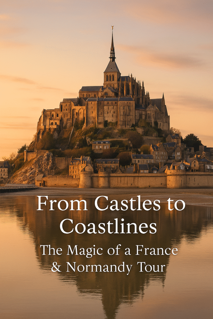 Mont Saint-Michel at sunset with title text, “From Castles to Coastlines: The Magic of a France & Normandy Tour”