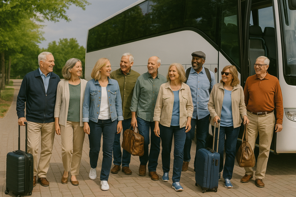 A group of people walking outdoors near a building, with trees and luggage nearby.