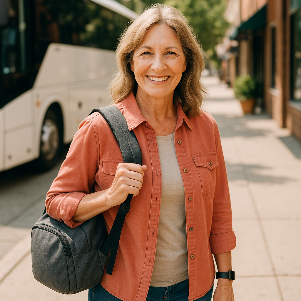 Smiling woman with backpack walking on a sunny sidewalk beside a parked bus