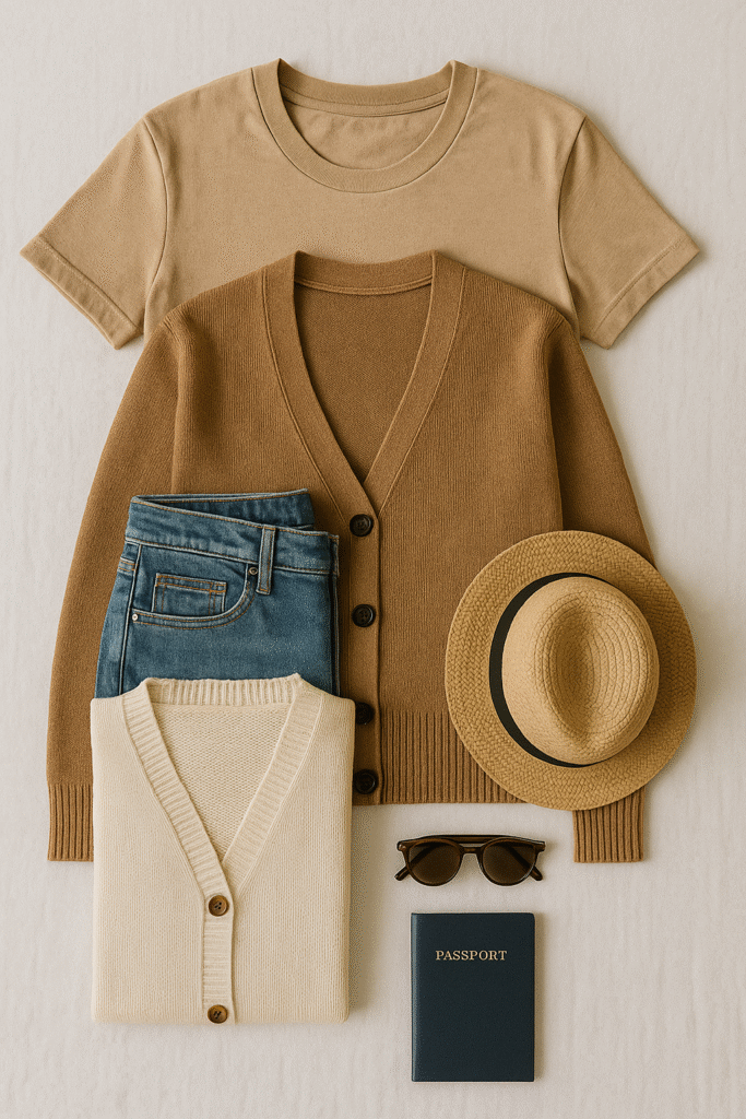 Beige and brown layered outfit with jeans, straw hat, sunglasses, and a small black notebook on a neutral background