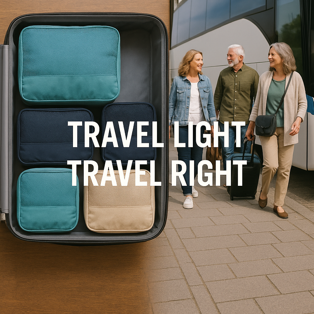 Packed suitcase with travel cubes and “TRAVEL LIGHT TRAVEL RIGHT” beside three people walking outdoors