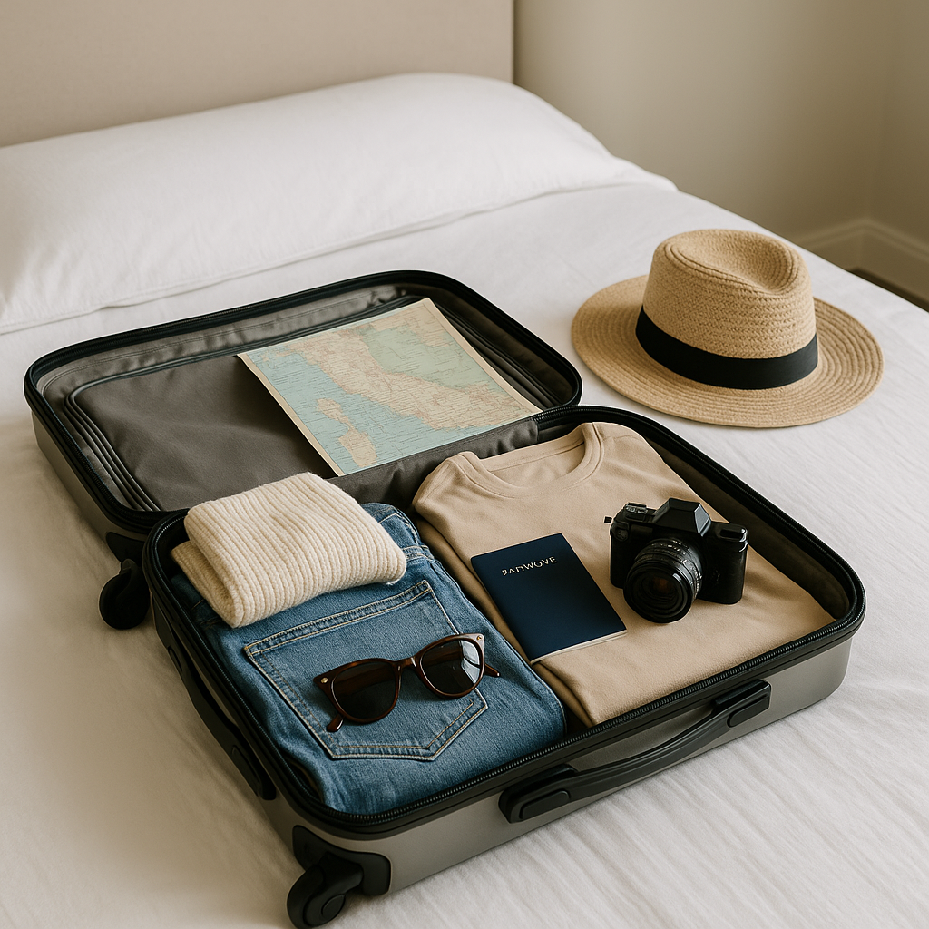 Open suitcase packed with clothes, sunglasses, camera, and passport beside a straw hat on a bed