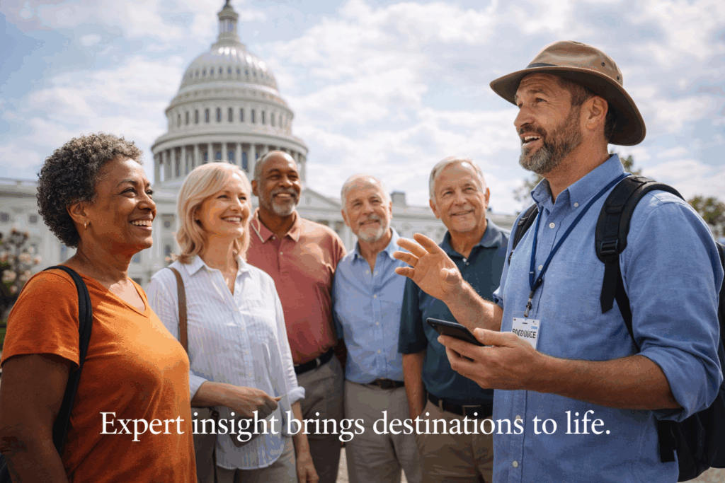Tour group smiling near the U.S. Capitol, with the caption “Expert insight brings destinations to life.”