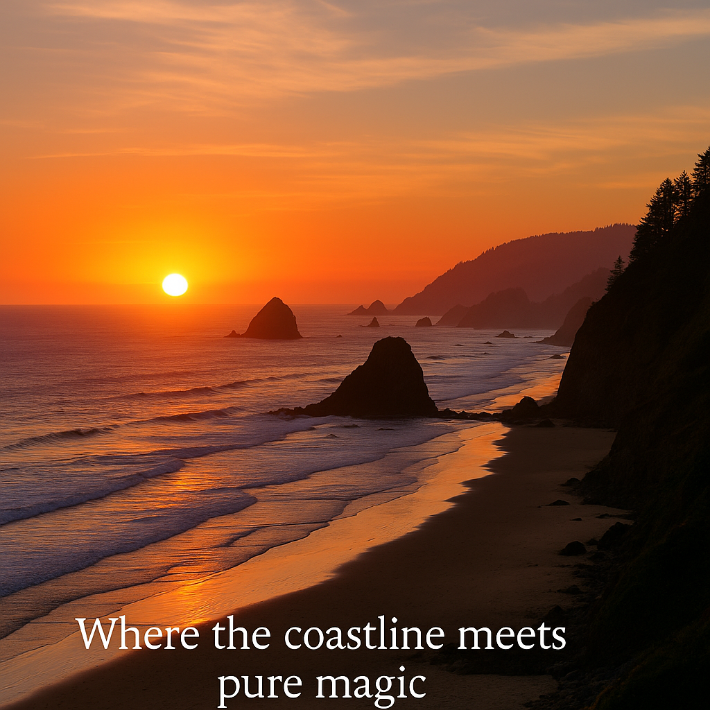 Sunset over a rocky beach with waves, orange sky, and a distant headland