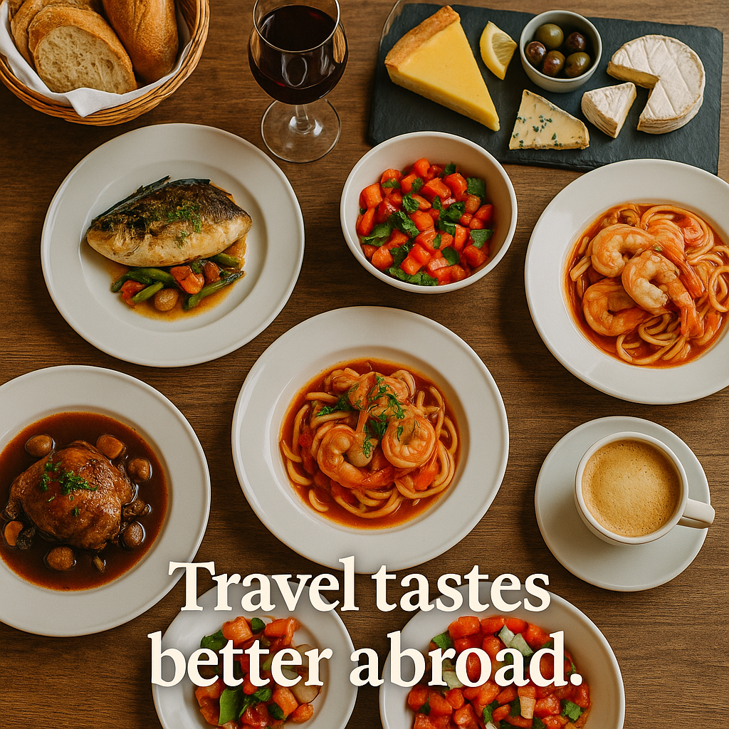 Assorted dishes on a table with the text “Travel tastes better abroad.”