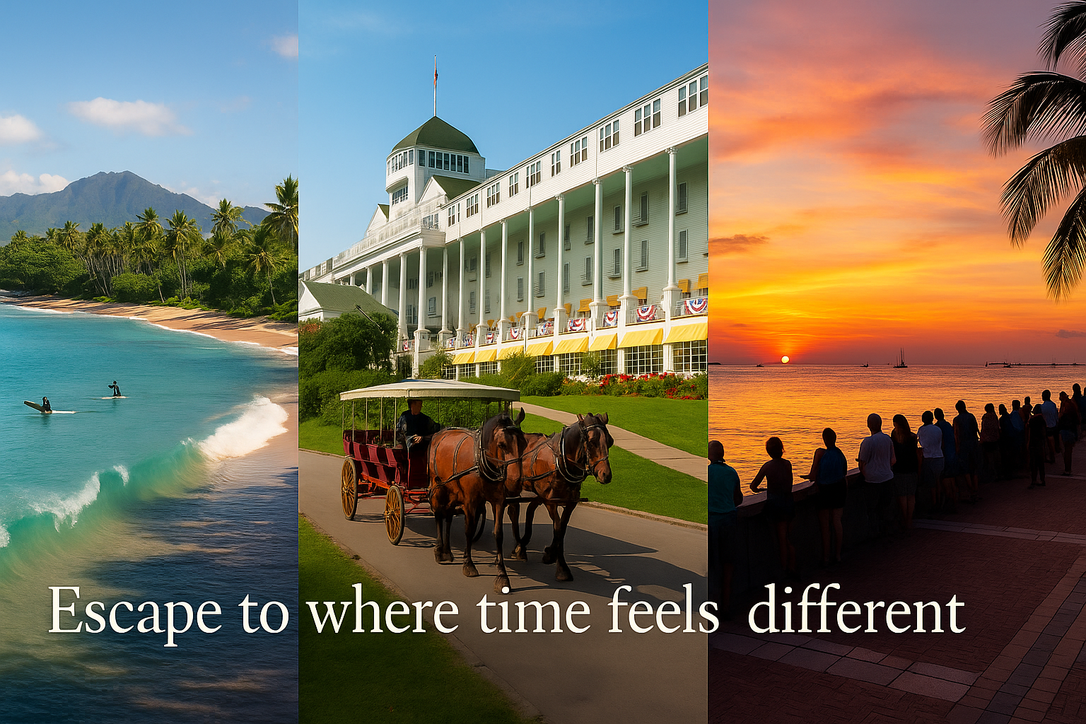 Tropical resort collage with beach, white hotel, and sunset; text reads, “Escape to where time feels different”
