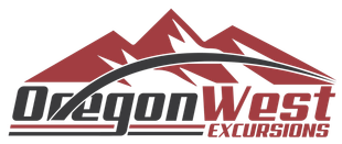 Red and white OregonWest Excursions logo with stylized mountain outline