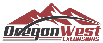 Red and white OregonWest Excursions logo with stylized mountain outline