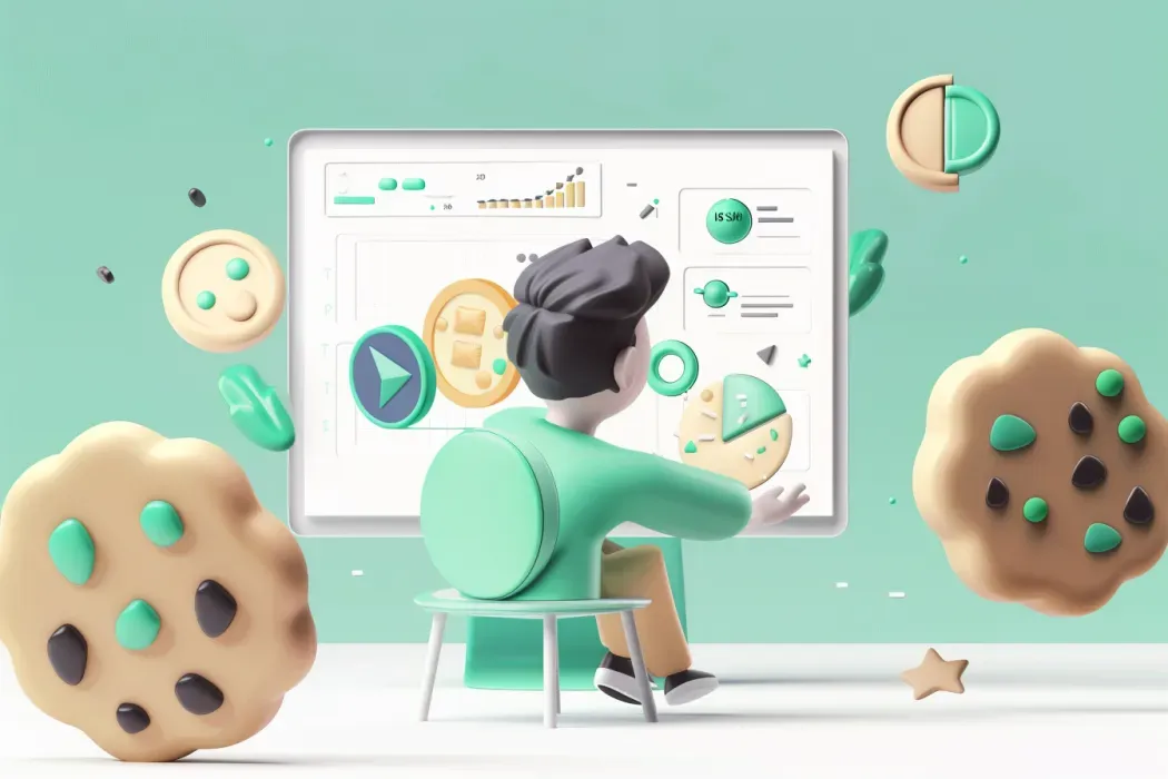 A man is sitting in front of a computer screen surrounded by cookies.