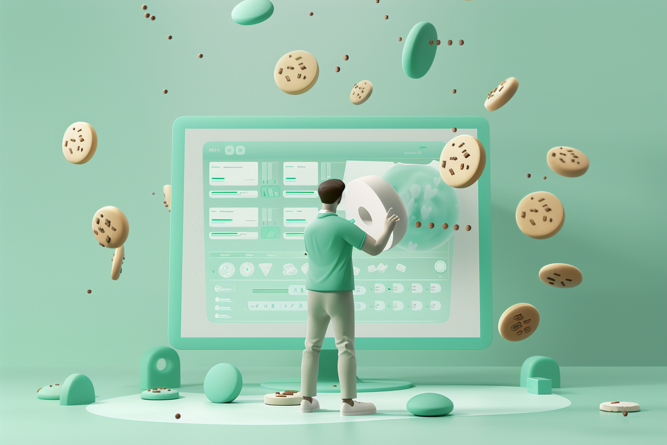 Mann vor Desktop mit Analytics-Dashboard, umgeben von schwebenden digitalen Cookies.