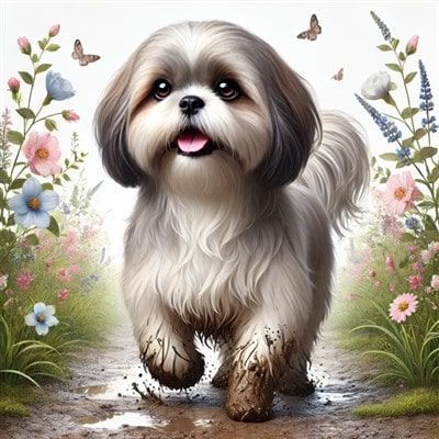 A Shih Tzu Walking in Mud