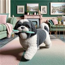A Shih Tzu with canine toothbrush, illustrated