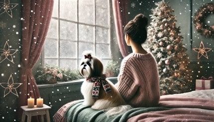 Woman sitting with Shih Tzu on holiday