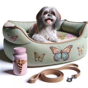 Senior dog in bed with leash and supplements 
