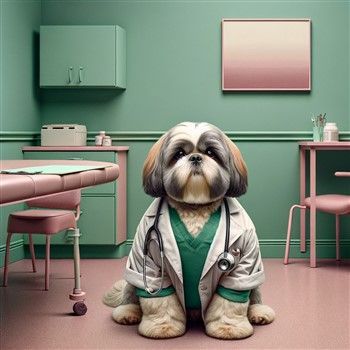 Shih Tzu in doctor's coat with stethoscope