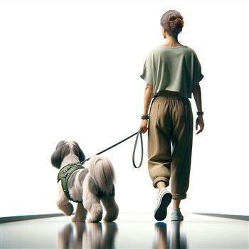 Shih Tzu walking alongside owner, heeling position