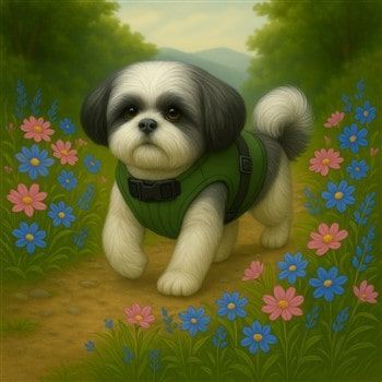 Shih Tzu hiking on a trail 