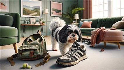 Shih Tzu chewing on sneaker